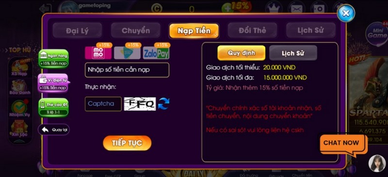 Choang vip cung cấp nhiều phương thức giao dịch